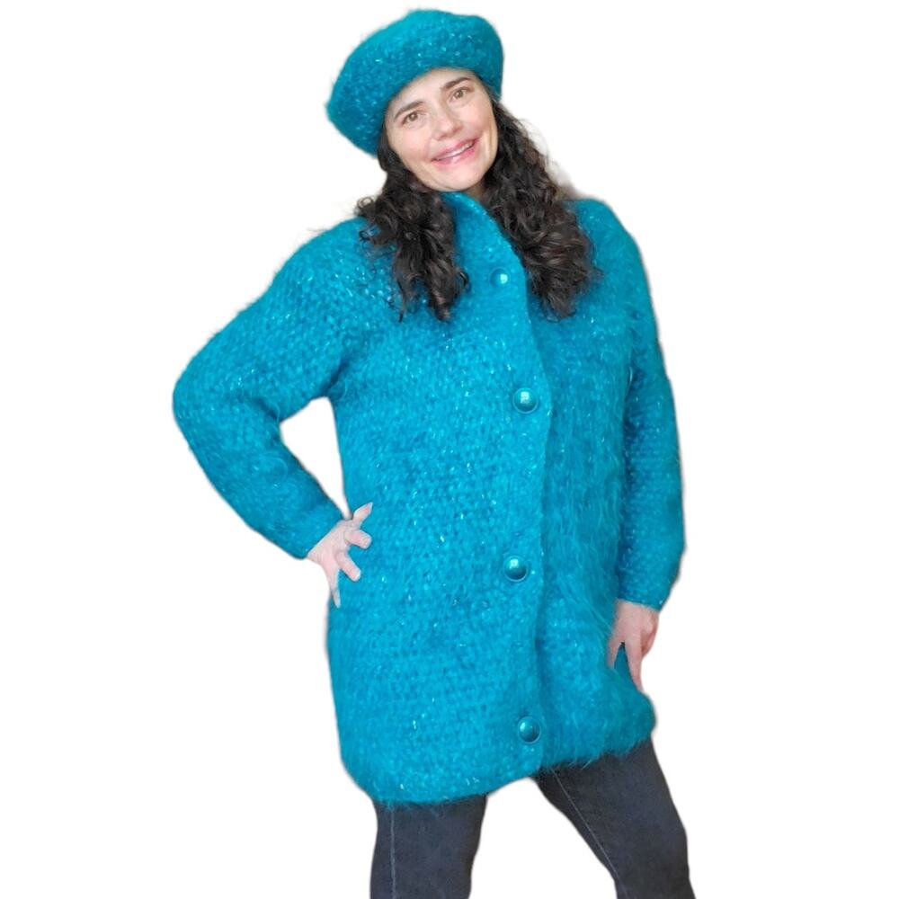 Vintage Wool Mohair Jacket Coat Matching Beret Hat Handmade Old Money Fits M
